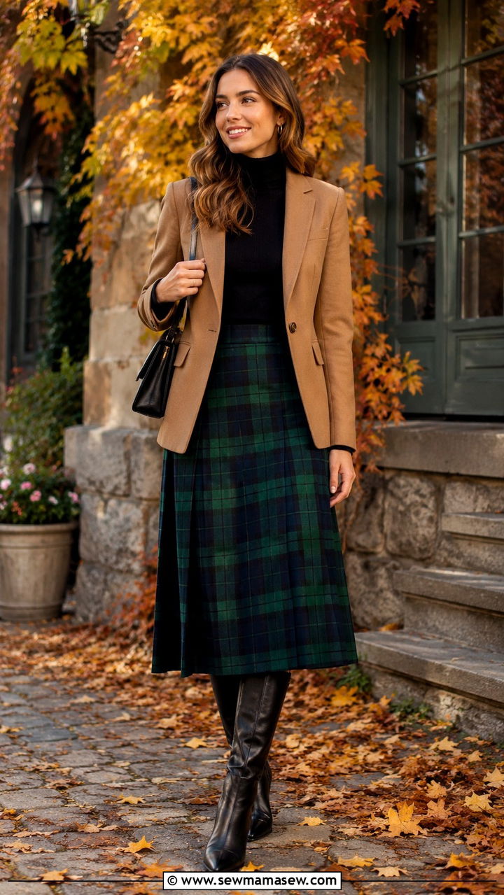 Plaid Midi Skirt and Blazer Outfit - 30 Midi skirt outfit ideas with a blazer