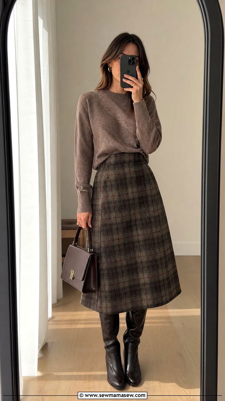 Plaid Midi Skirt and Cashmere Crewneck Sweater - 25 classy grunge outfits