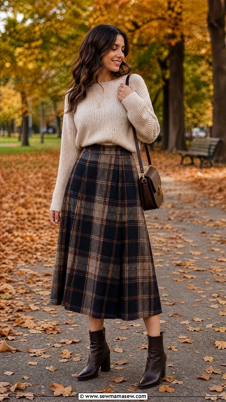 Plaid Midi Skirt and Sweater Outfit - 30 elegant outfits ideas