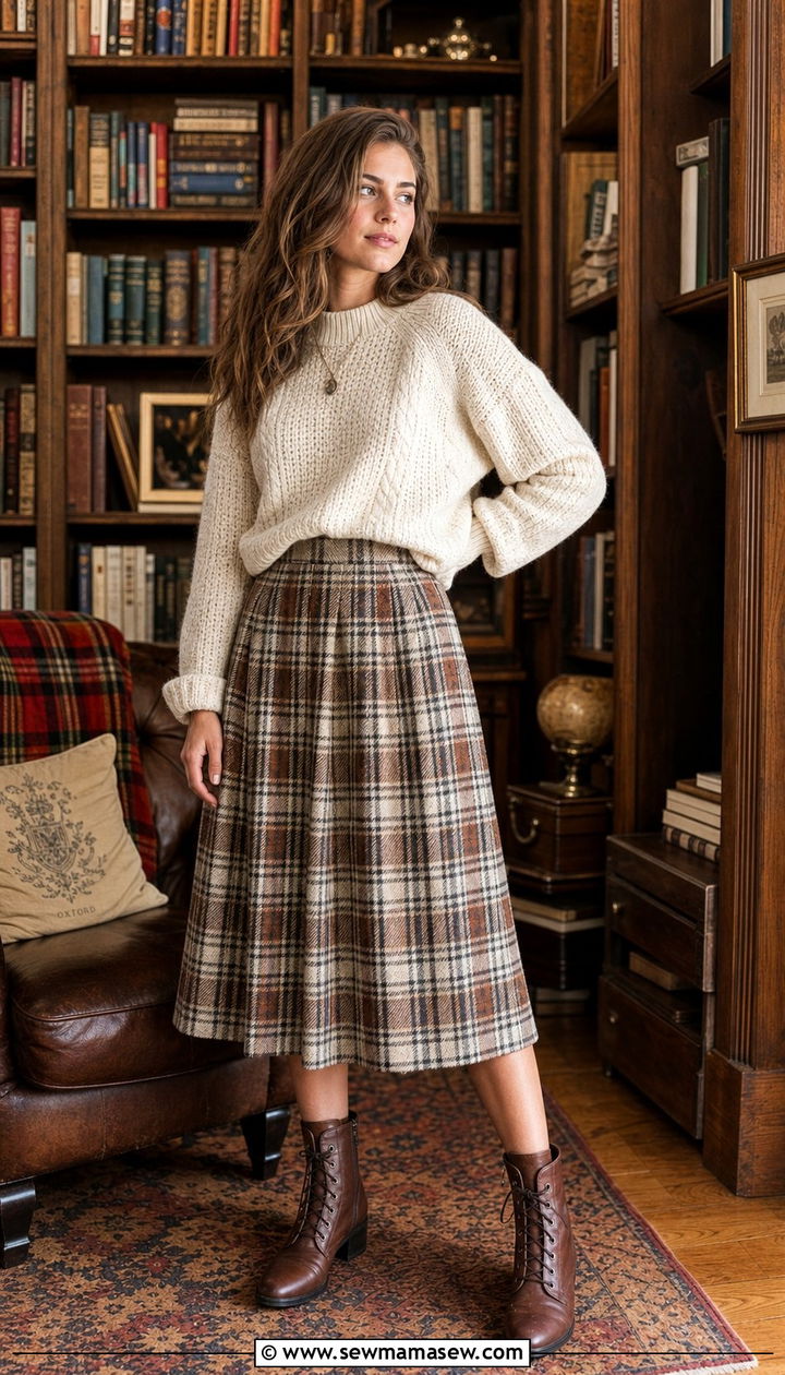 Plaid Midi Skirt with Chunky Knit Sweater and Lace Up Boots - 25 classy light academia outfits