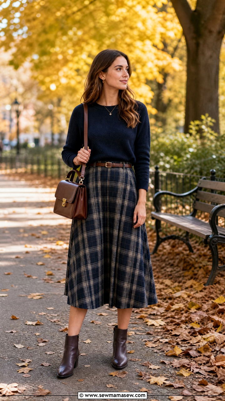 Plaid Midi Skirt with Crewneck Sweater - 25 Business casual outfits with skirt