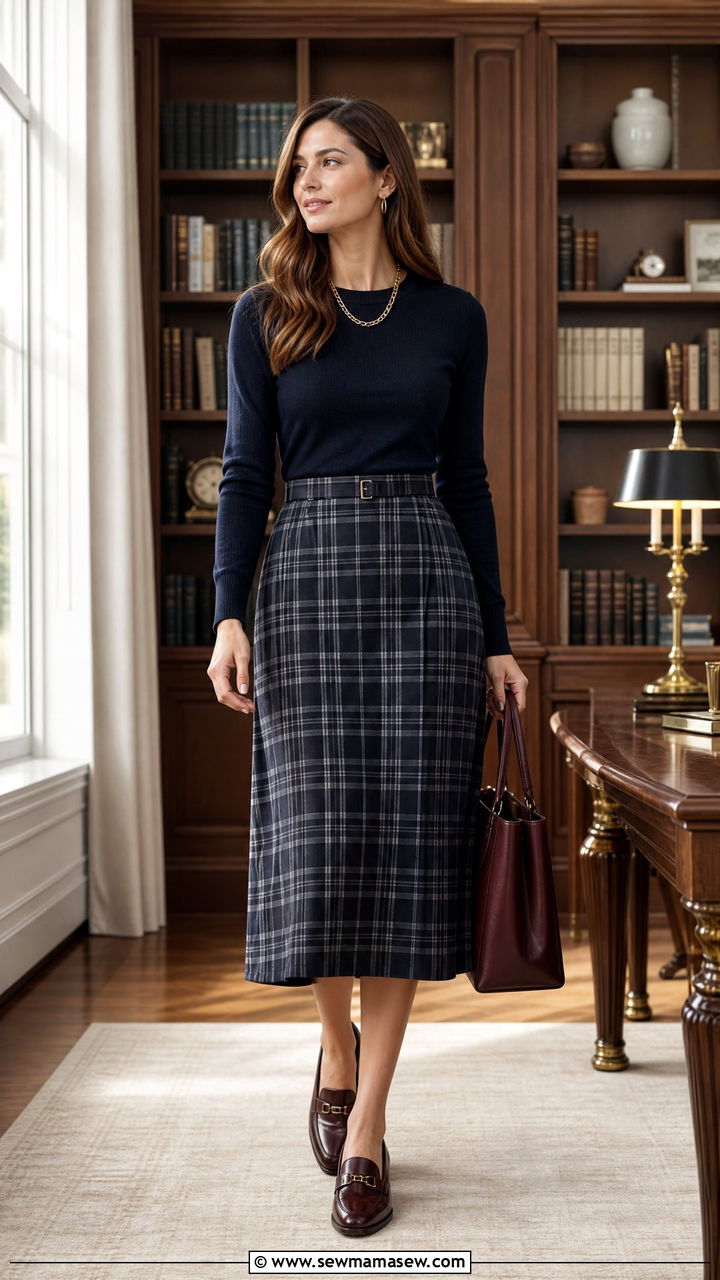 Plaid Midi Skirt with Fitted Sweater and Loafers - 25 How to style a midi skirt for work