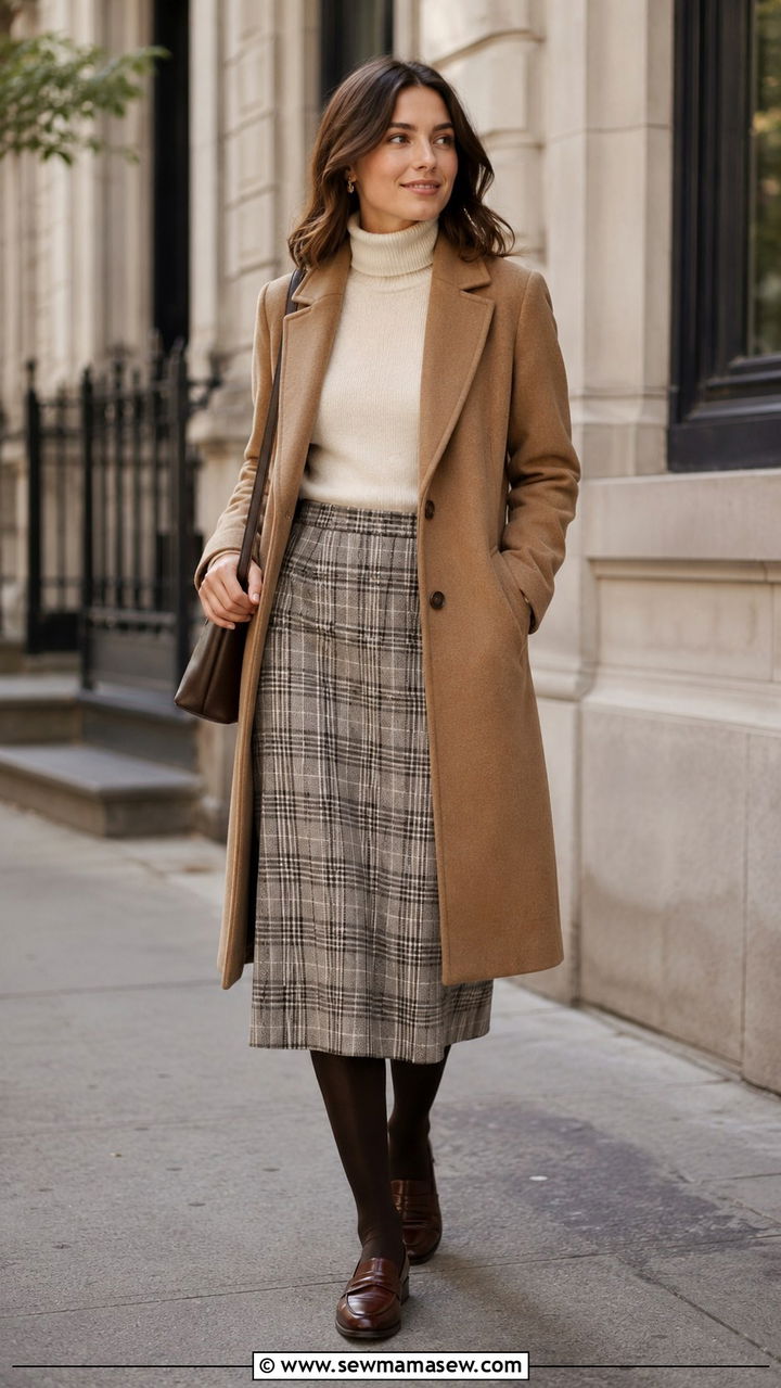 Plaid Midi Skirt with Turtleneck and Wool Coat - 30 spring transition outfit ideas