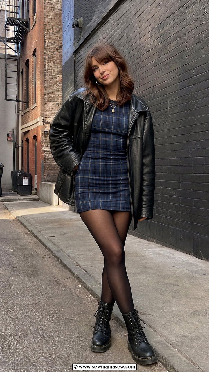 Plaid Mini Dress With Black Tights - 30 Mini dress outfit ideas with tights