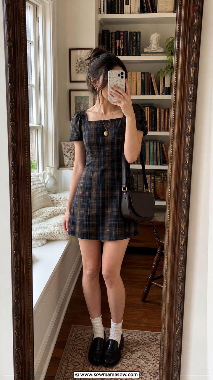 Plaid Mini Dress with Puff Sleeves and Loafers - 30 summer dark academia outfits