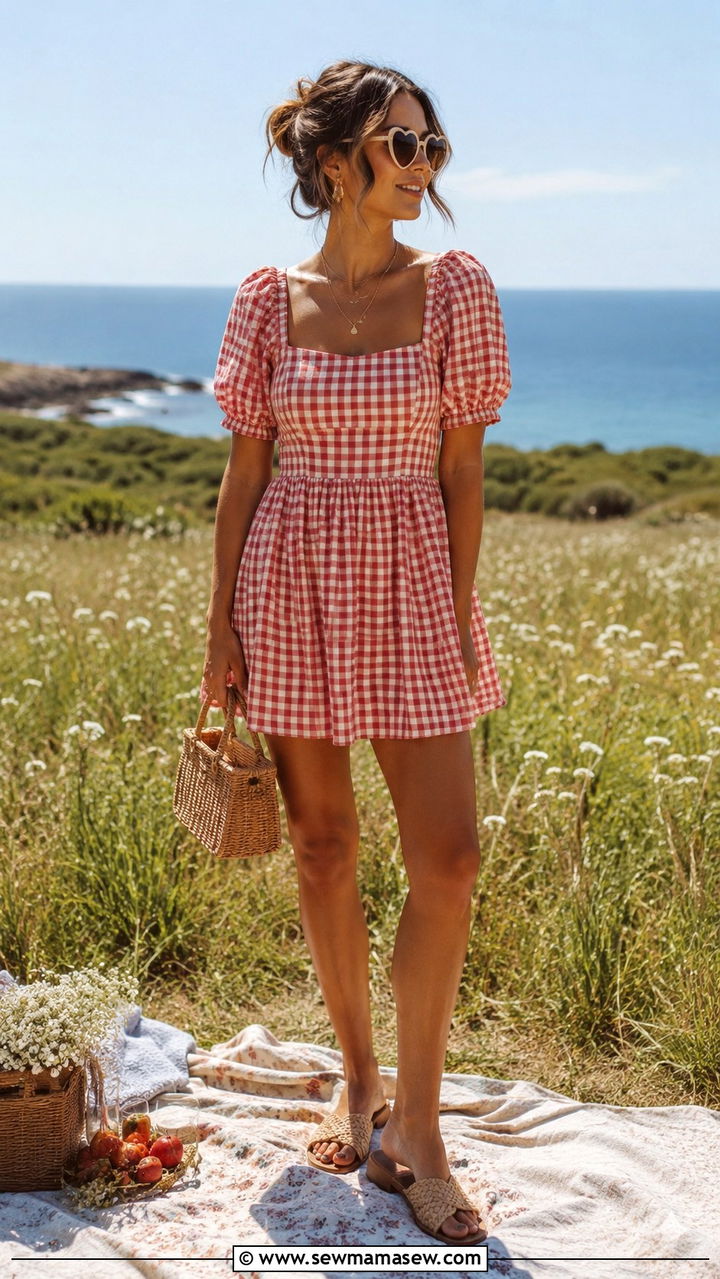 Plaid Mini Dress with Puff Sleeves and Sandals - 20 vacation outfits Pinterest