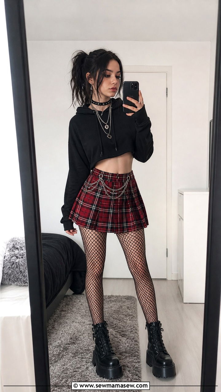 Plaid Mini Skirt Grunge Aesthetic with Fishnets - 40 grunge outfits for women
