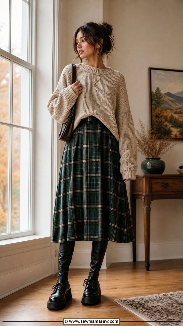 Plaid Mini Skirt With Oversized Sweater And Knee High Socks - 30 Taylor Swift concert outfit ideas