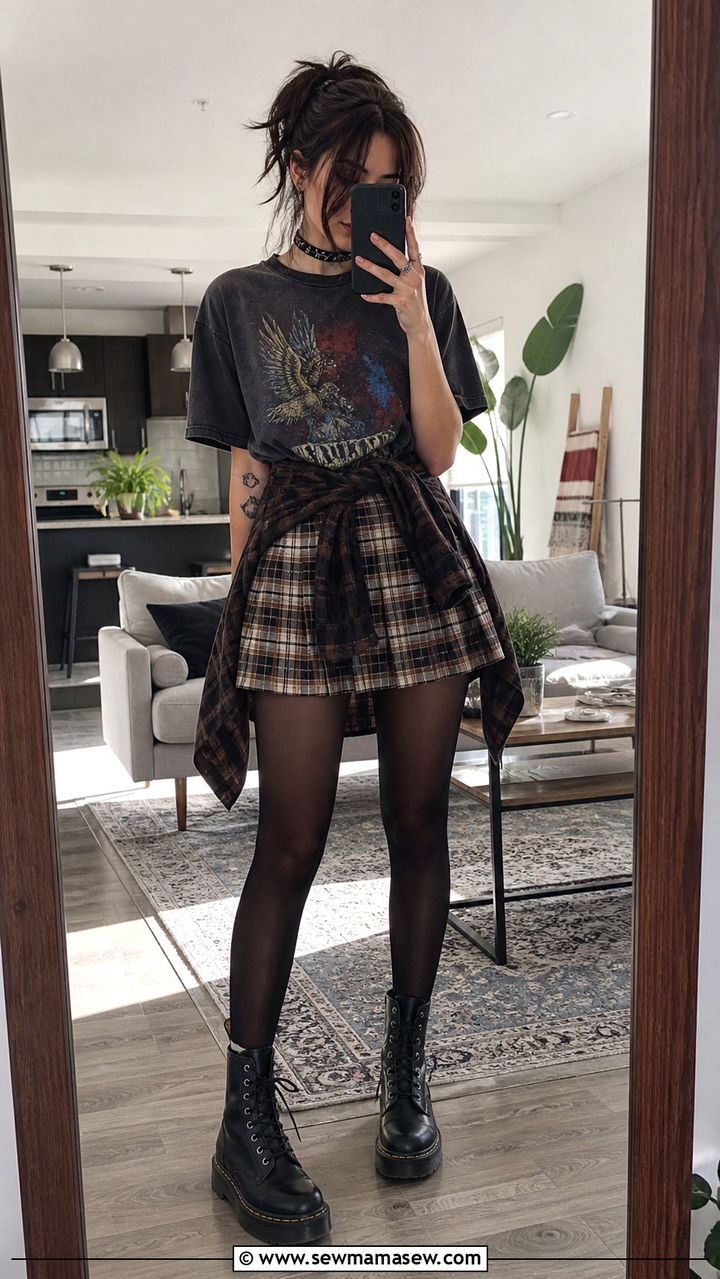 Plaid Mini Skirt With Vintage Band Tee And Fishnet Tights - 40 grunge outfits