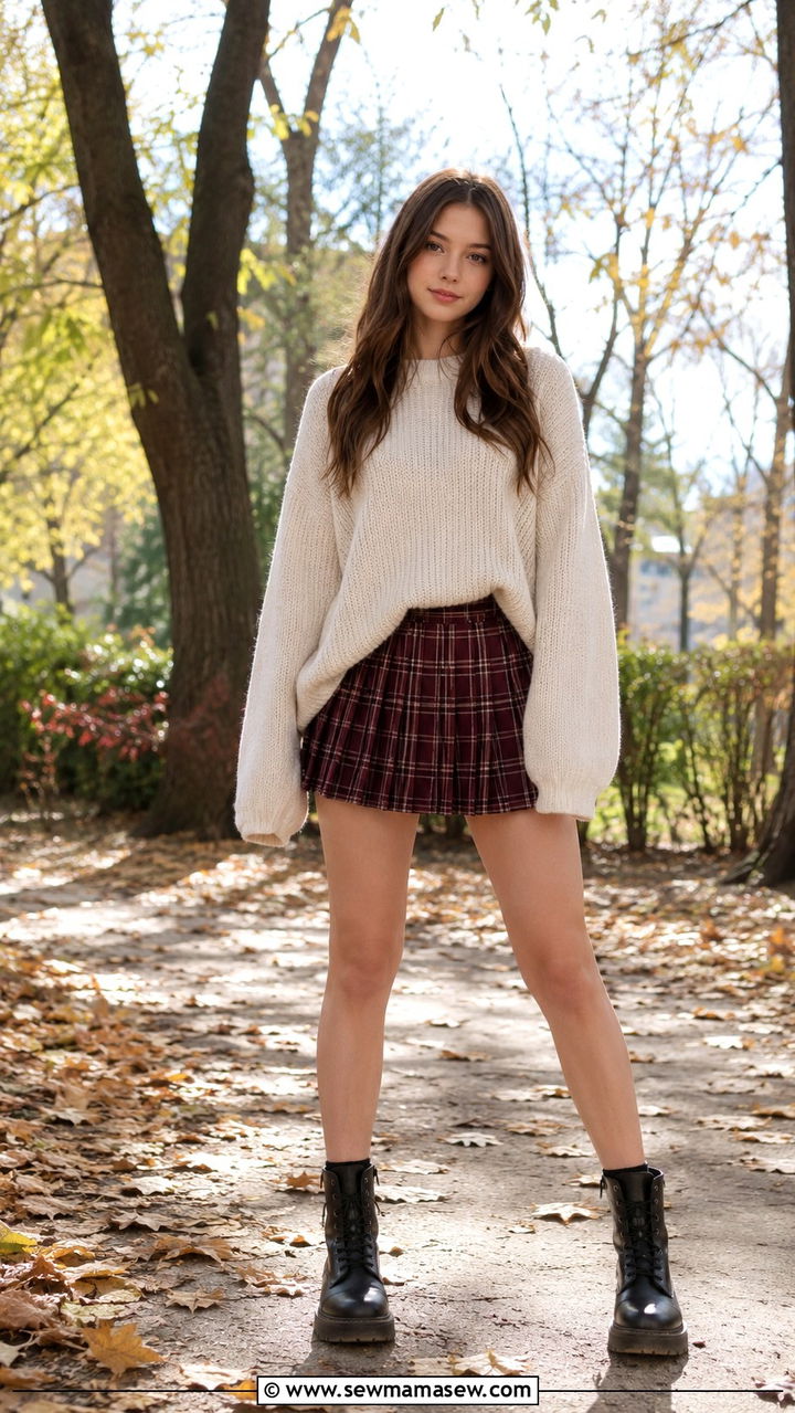 Plaid Mini Skirt With an Oversized Sweater and Combat Boots - 30 Trendy outfits for 15 year olds