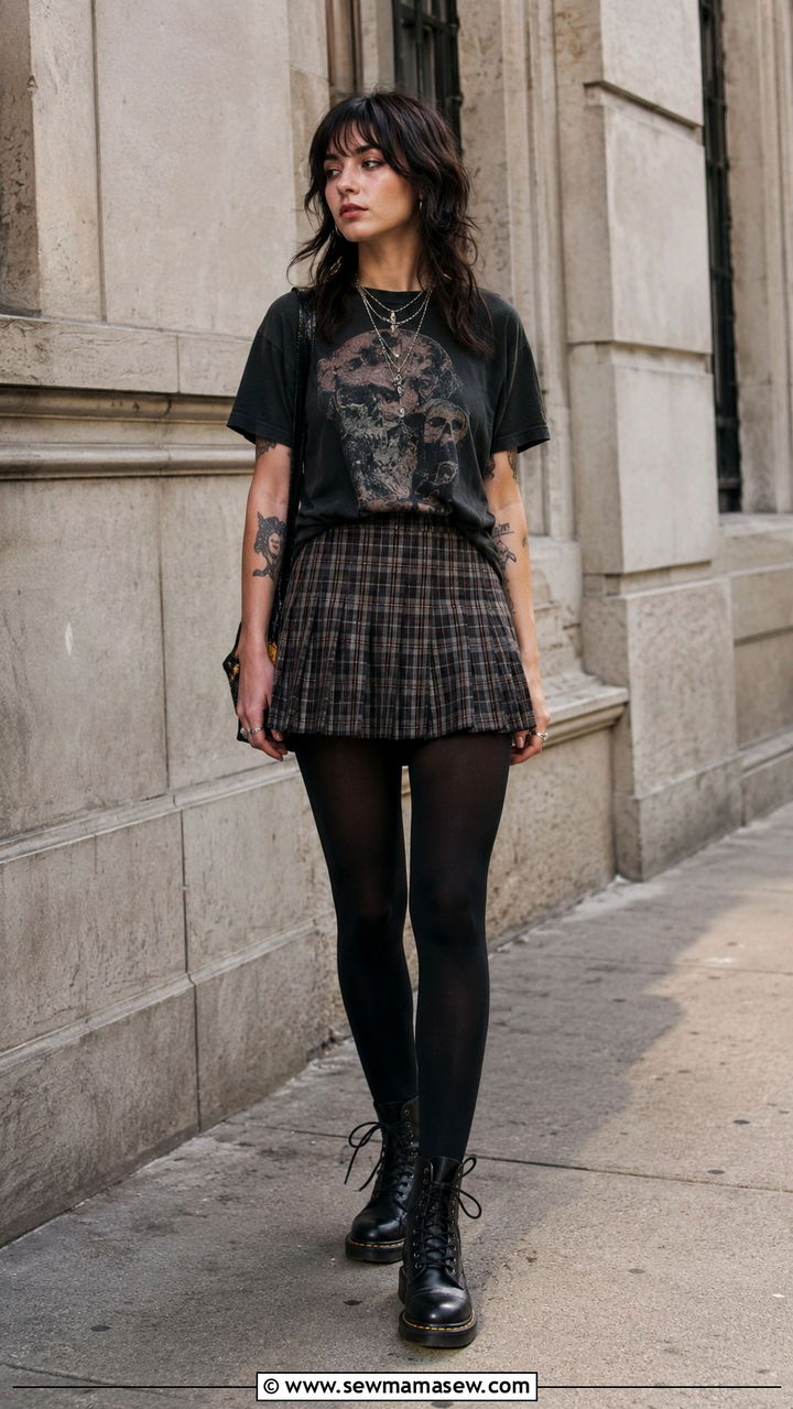 Plaid Mini Skirt and Band Tee Grunge Outfit - 20 grunge capsule wardrobe outfits