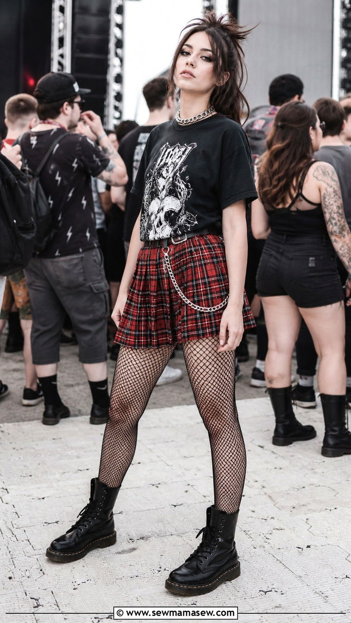 Plaid Mini Skirt and Fishnet Tights Outfit - 40 Summer concert outfit ideas