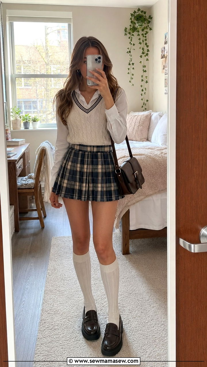 Plaid Mini Skirt and Sweater Vest Outfit - 30 Spring outfits for college students