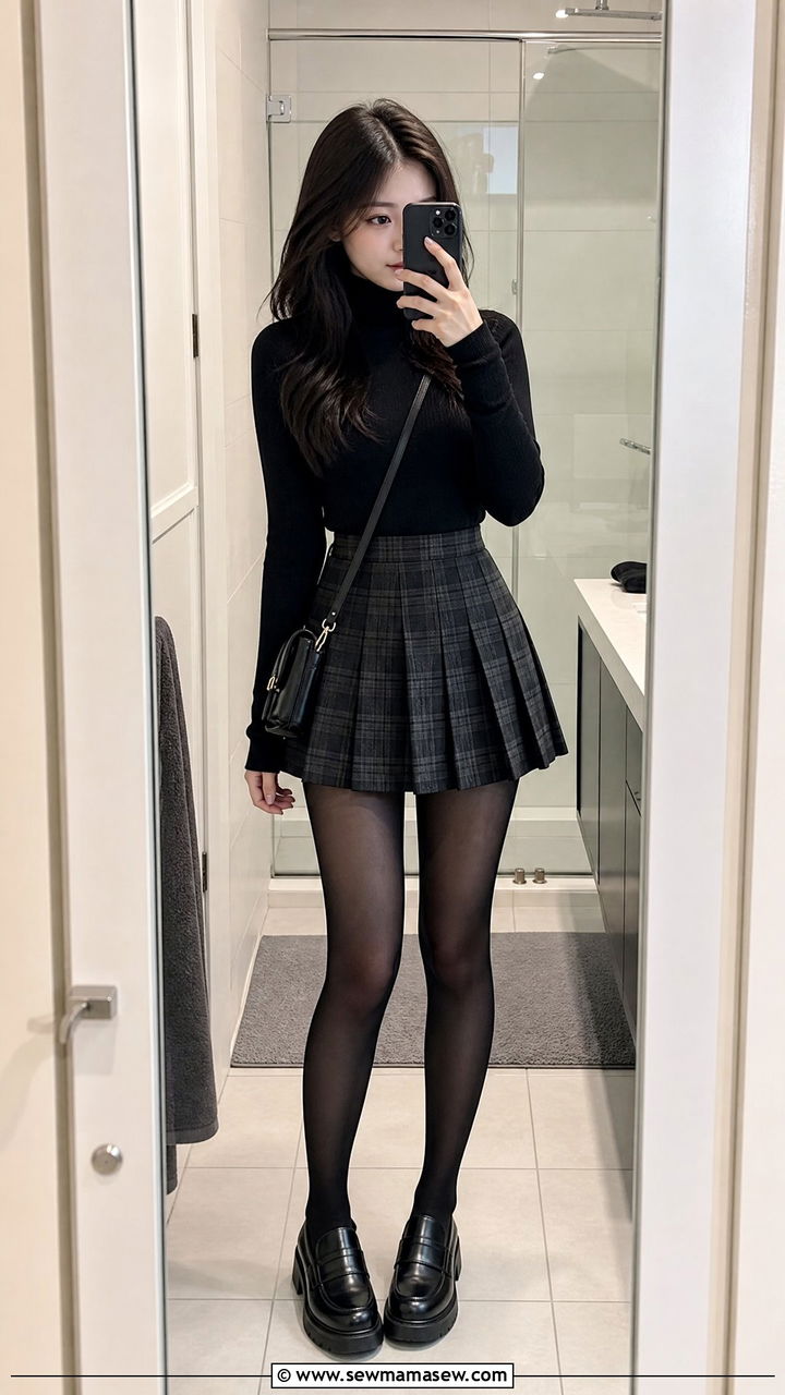 Plaid Mini Skirt with Turtleneck Outfit - 25 School outfit ideas for teens spring 2026