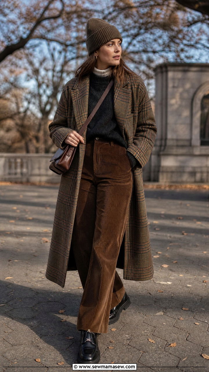 Plaid Overcoat With Brown Corduroy Trousers and Black Loafers - 20 Eclectic grandpa outfit ideas women