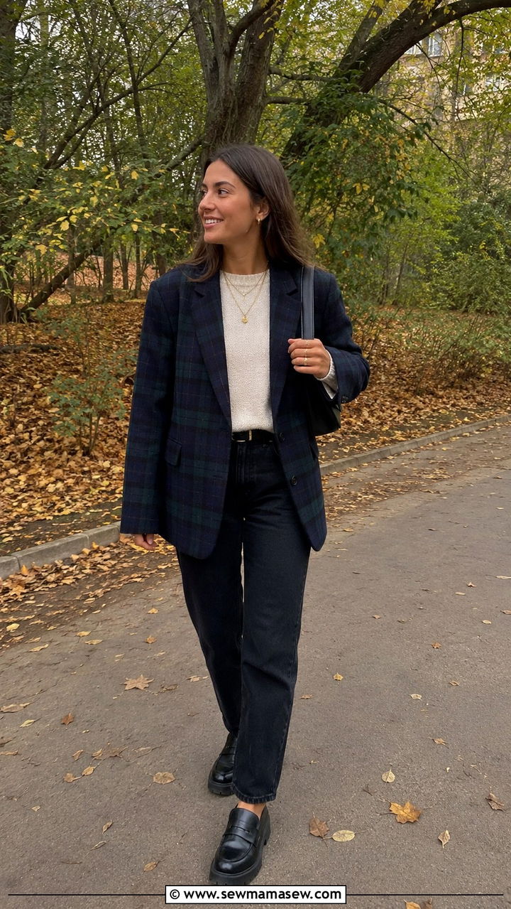 Plaid Oversized Blazer With Knit Top And Straight Leg Jeans - 30 Oversized blazer outfit ideas with loafers