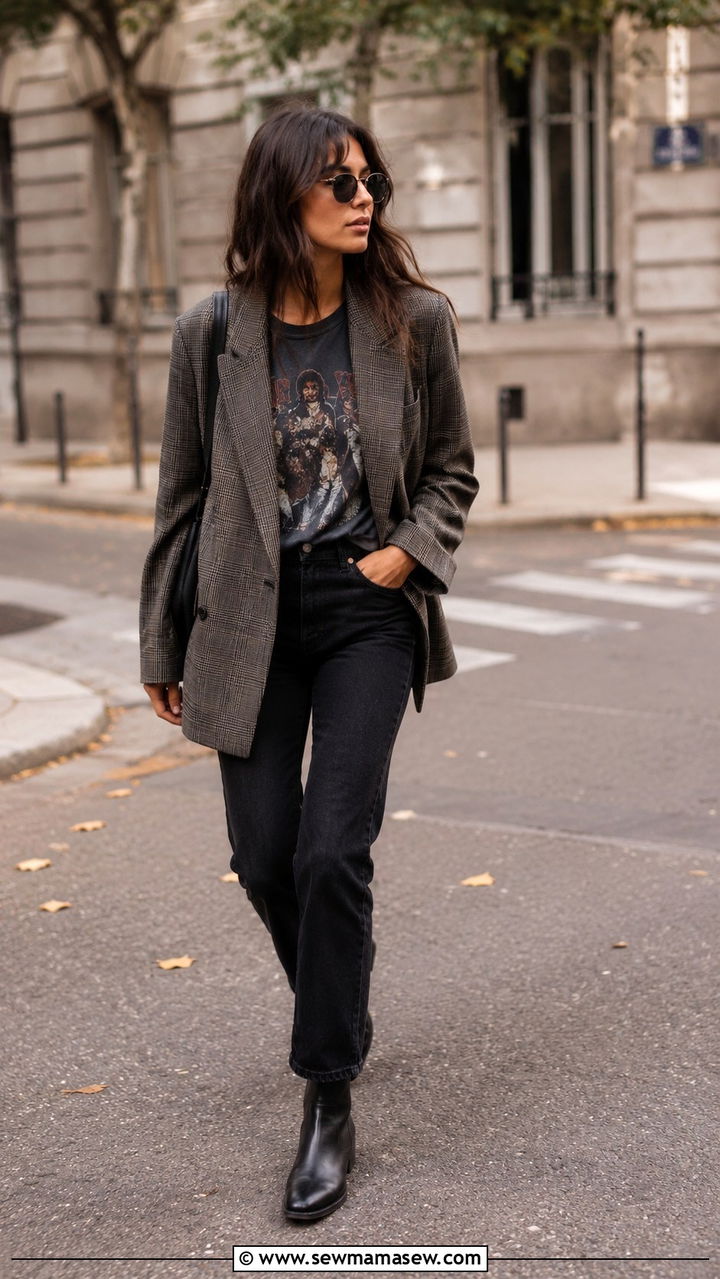 Plaid Oversized Blazer With Vintage Band Tee and Black Jeans - 30 Oversized blazer outfit ideas with a t-shirt