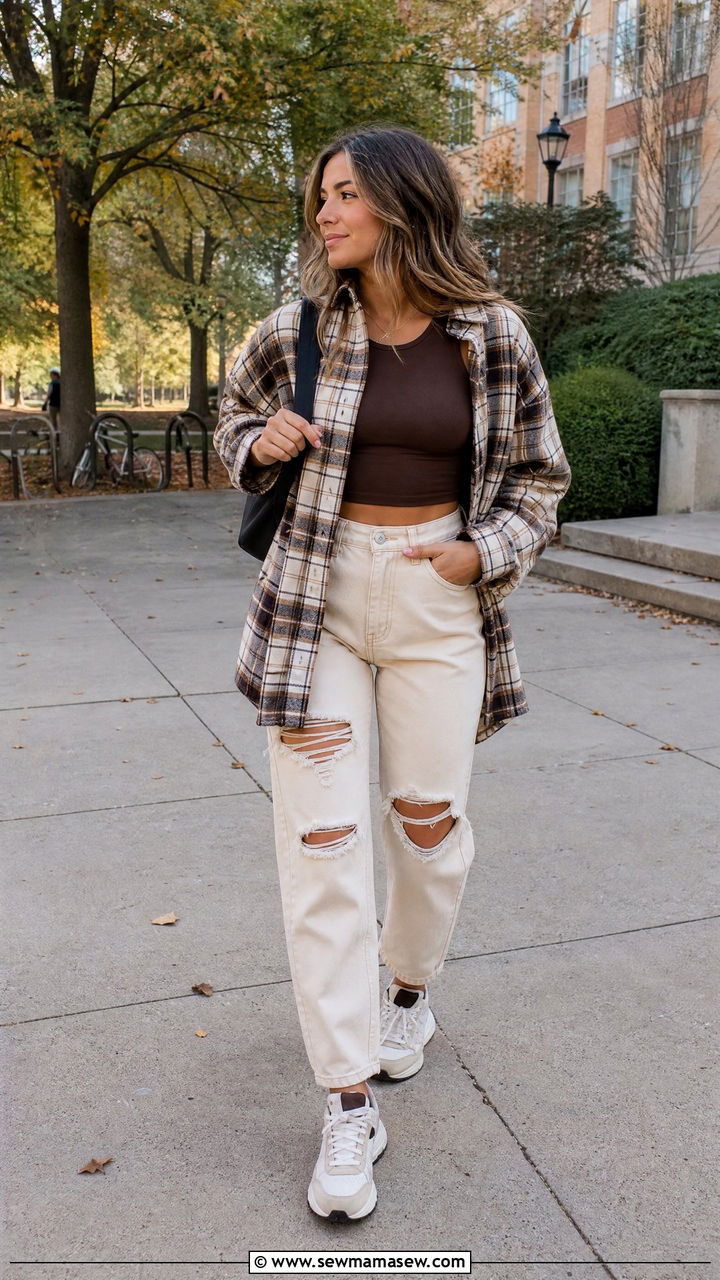 Plaid Oversized Button Down with Crop Top and Ripped Jeans - 30 College outfit ideas cute 2026