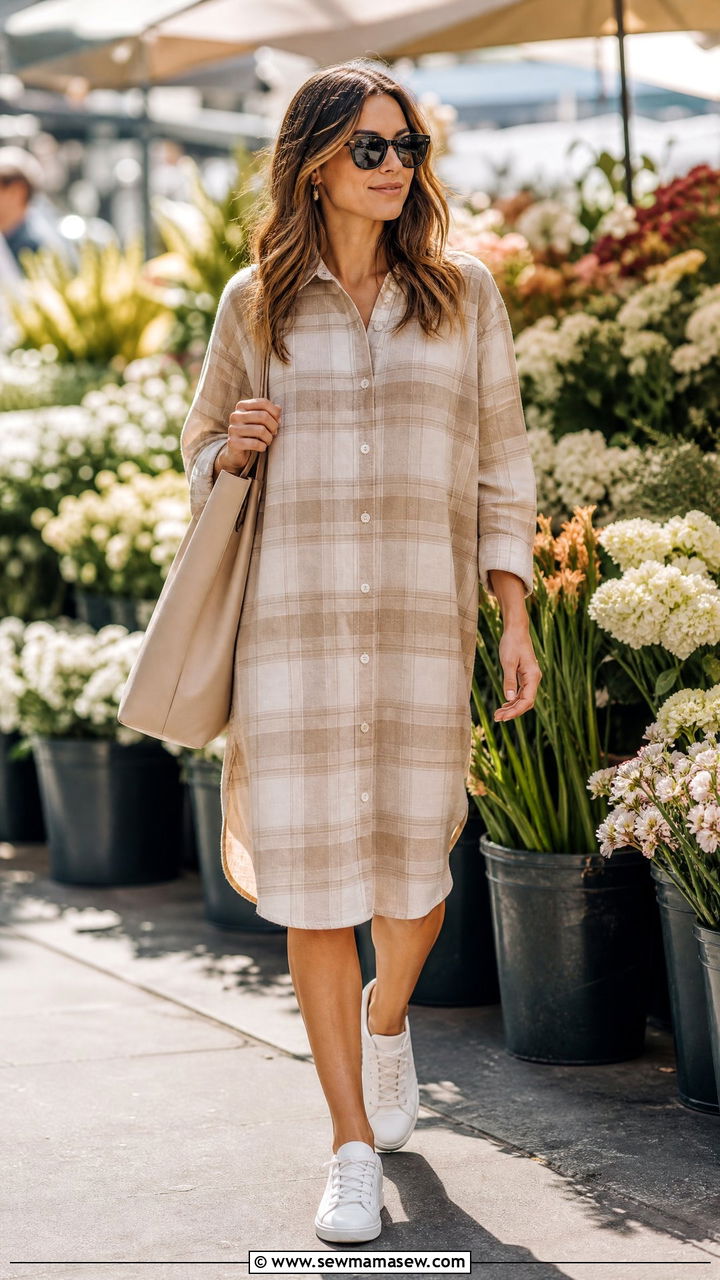 Plaid Oversized Shirt Dress With White Sneakers Outfit - 25 Cute outfits for 16 year olds