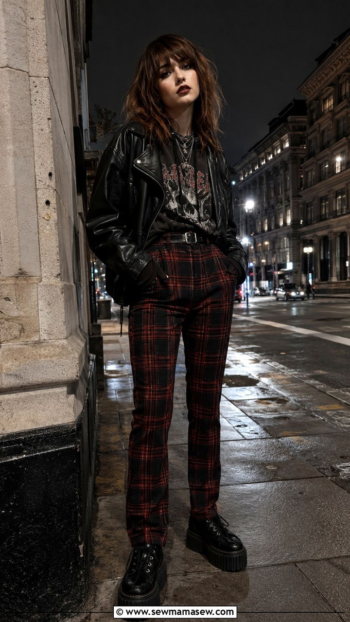 Plaid Pants With Band Hoodie and Leather Jacket - 30 grunge outfits aesthetic
