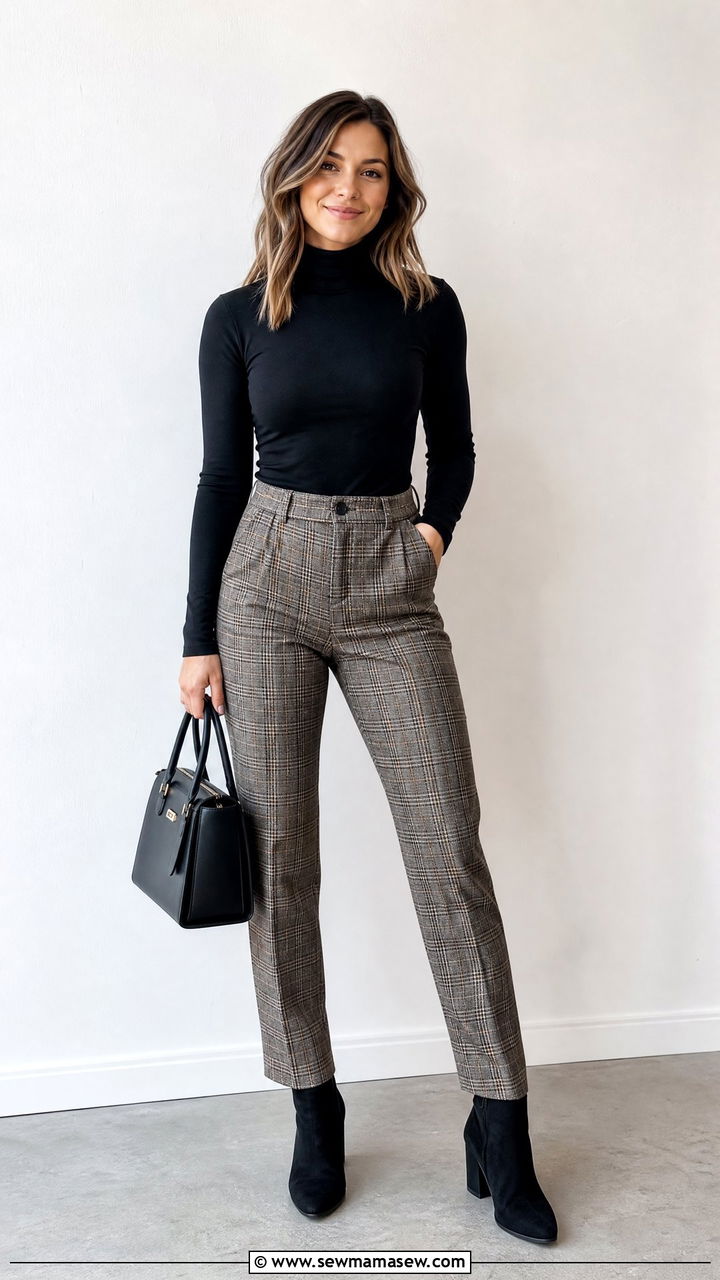 Plaid Pants With Black Turtleneck And Block Heels - 30 Marketer outfit ideas