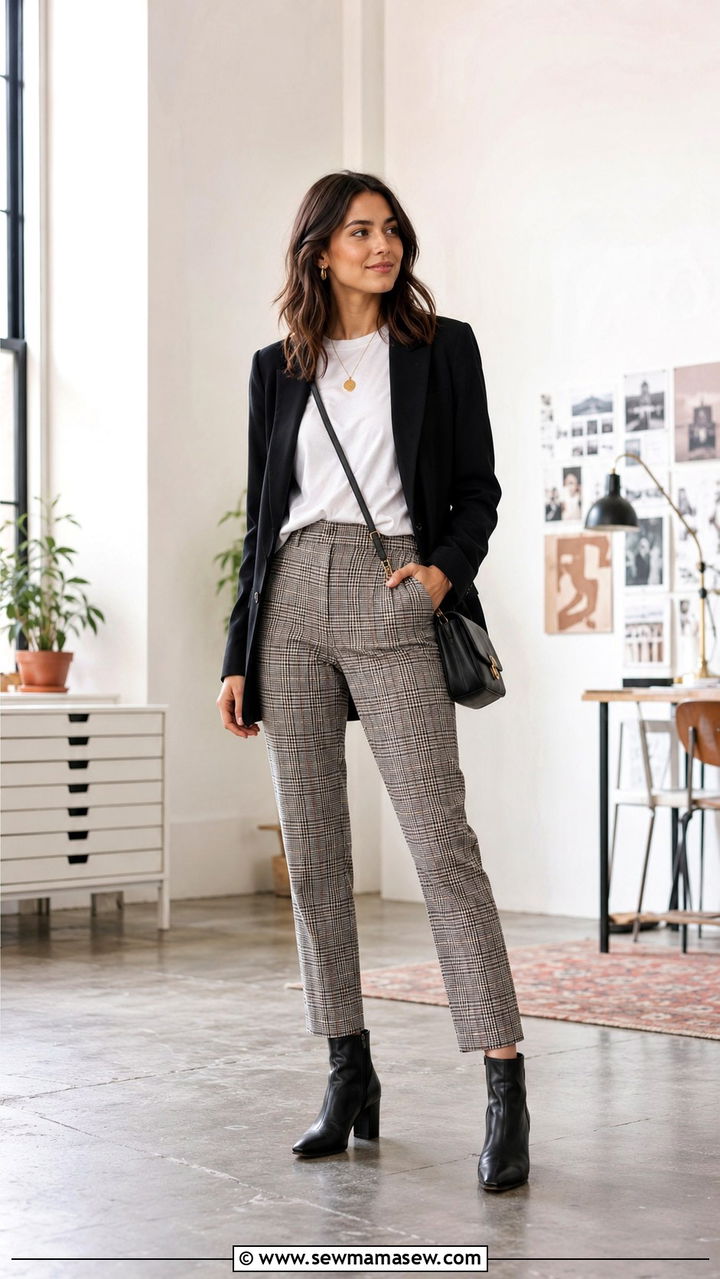 Plaid Pants with White T Shirt - 30 Business casual outfits pinterest