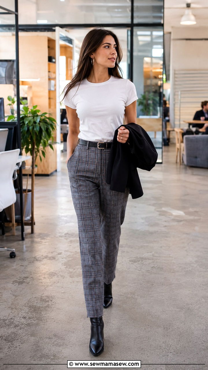 Plaid Pants with White T Shirt Outfit - 30 Networking event outfit ideas