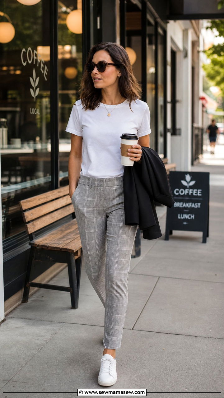 Plaid Pants with White T Shirt - 25 Journalist outfit ideas