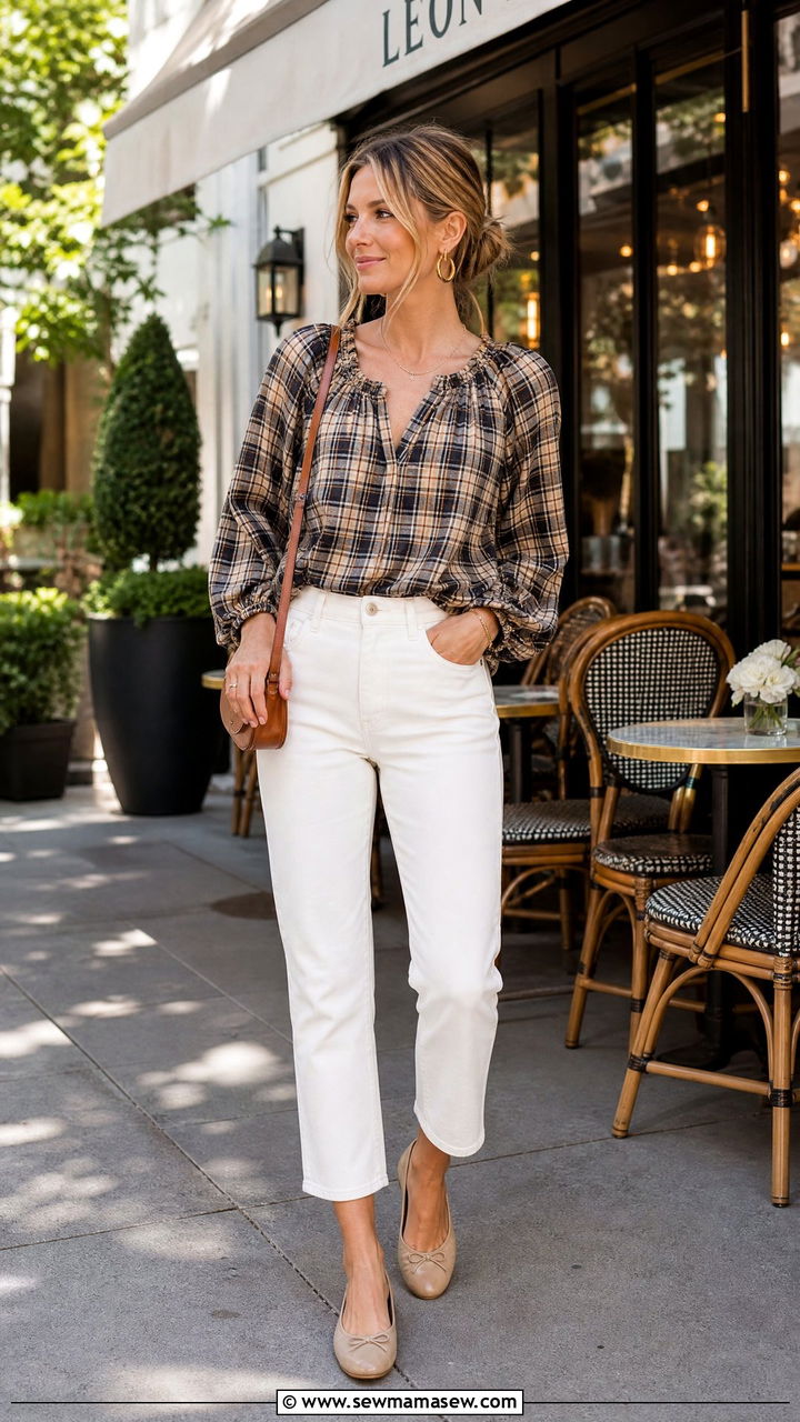 Plaid Peasant Top and Cropped Pants - 30 Summer plaid outfits