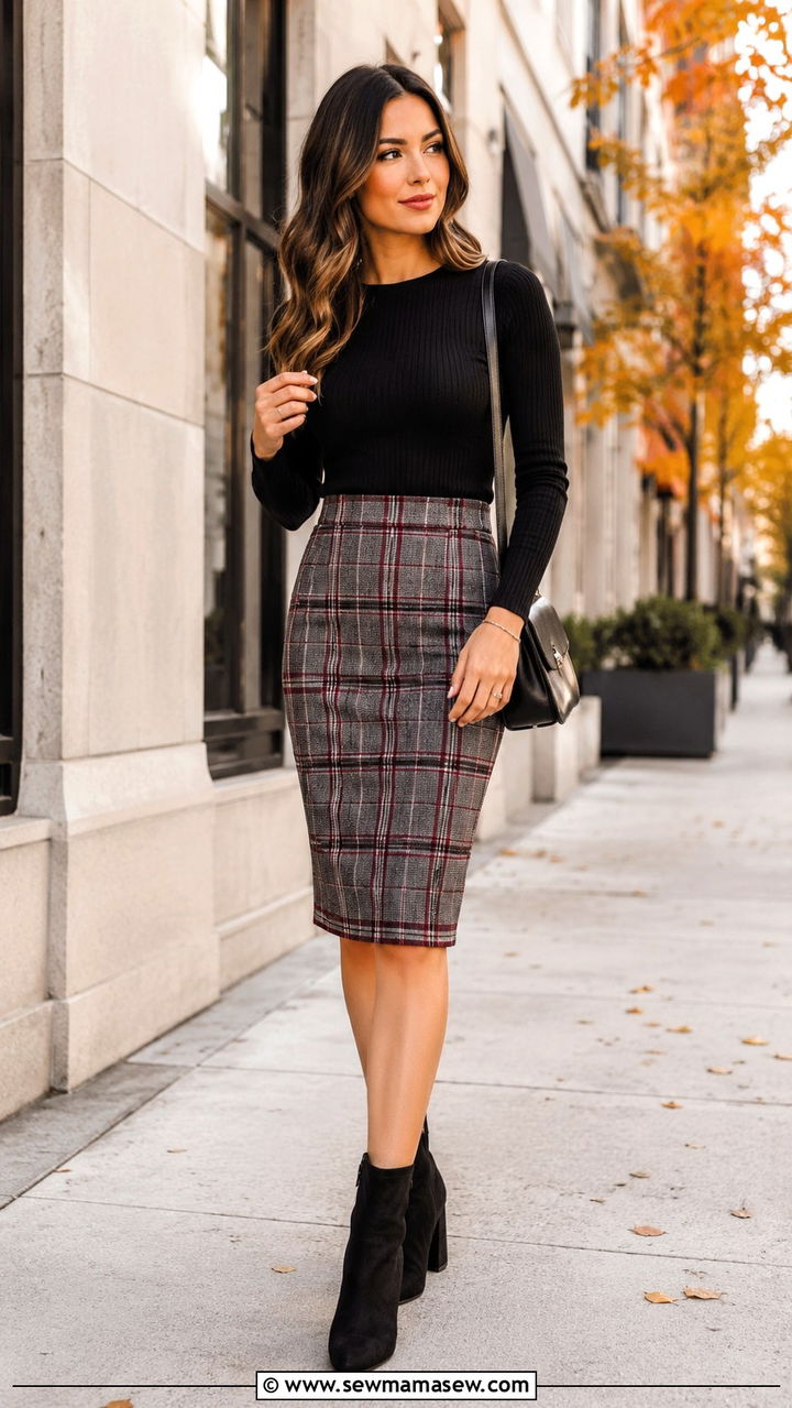 Plaid Pencil Skirt With Black Fitted Knit - 20 pencil skirt outfits 2026
