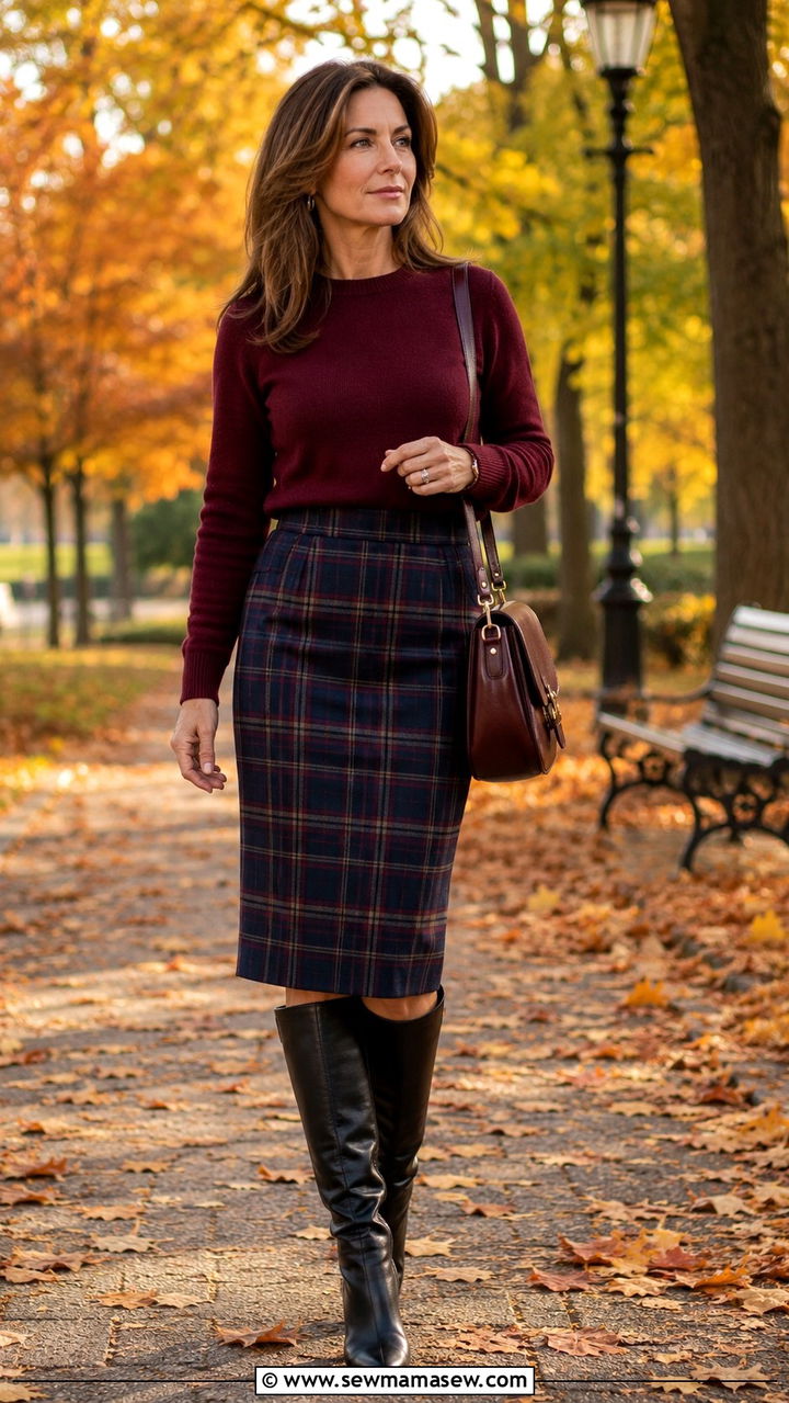 Plaid Pencil Skirt With Knit Sweater and Knee High Boots - 25 pencil skirt outfits for women over 40
