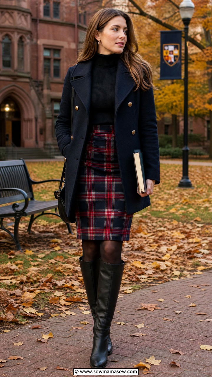 Plaid Pencil Skirt With Turtleneck - 40 pencil skirt outfits