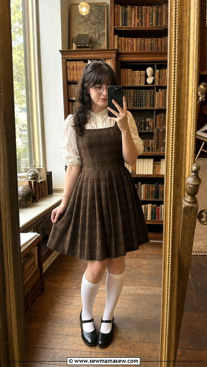 Plaid Pinafore Dress and Lace Blouse - 25 spring dark academia outfits