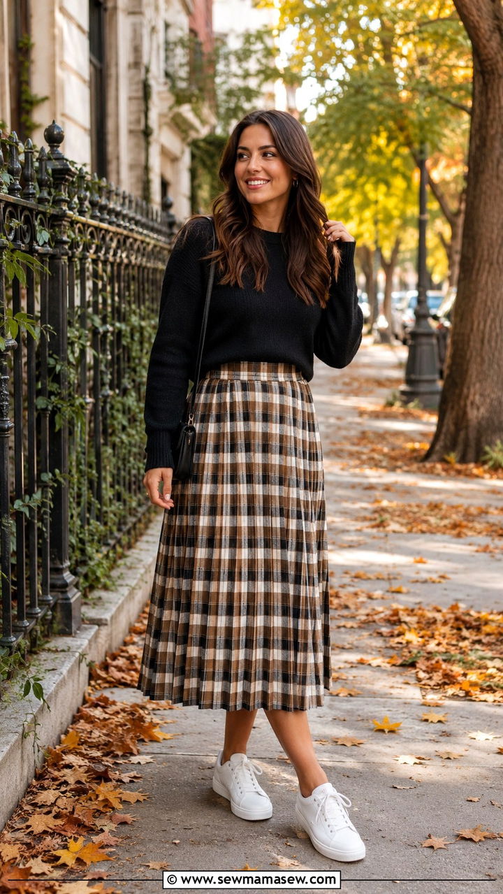 Plaid Pleated Midi Skirt With Sneakers And Solid Knit - 30 Pleated midi skirt outfit ideas with sneakers