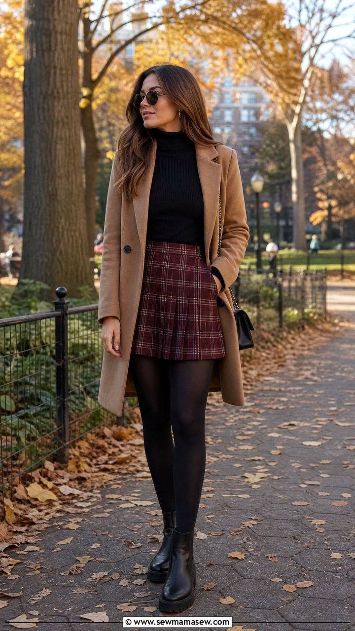 Plaid Pleated Mini Skirt with Turtleneck Sweater - 25 chic pleated skirt outfit ideas