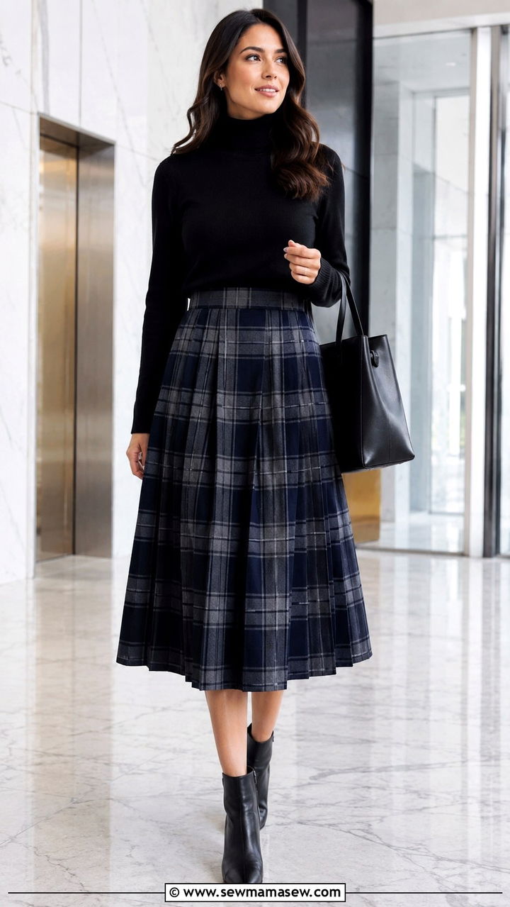 Plaid Pleated Skirt With Black Turtleneck - 30 Pleated skirt outfit ideas for work