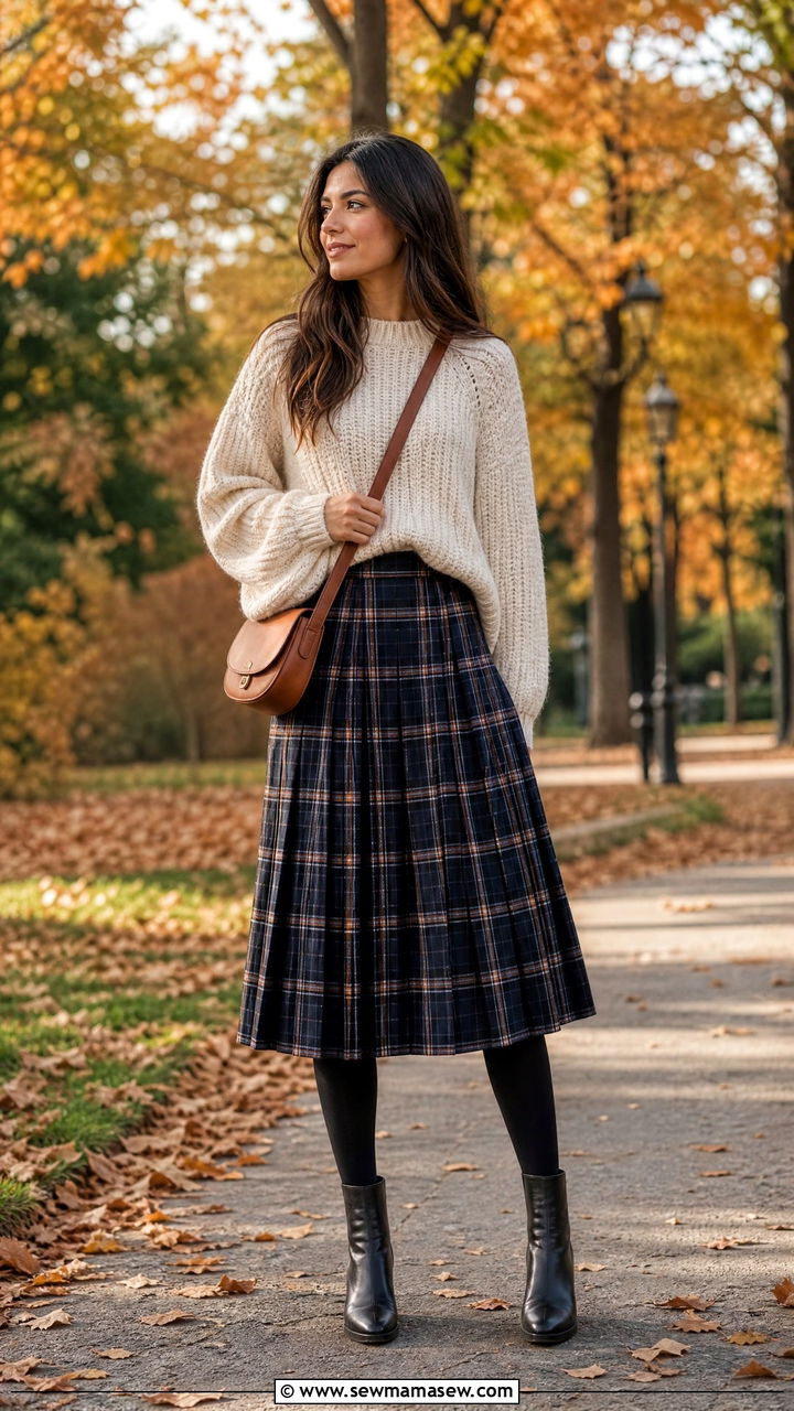 Plaid Pleated Skirt With Chunky Knit Sweater Outfit - 25 PhD student outfit ideas