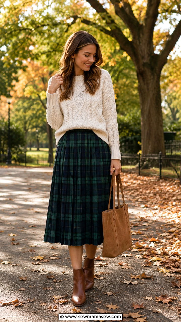 Plaid Pleated Skirt and Cable Knit Sweater Outfit - 30 Pleated skirt outfit ideas with a sweater