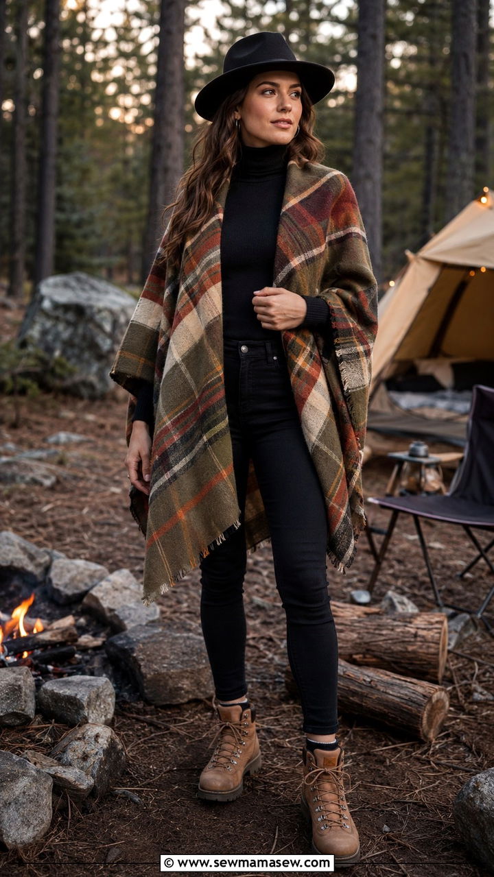 Plaid Poncho Black Turtleneck Skinny Jeans Hiking Boots Spring Camping - 30 Spring camping trip outfits
