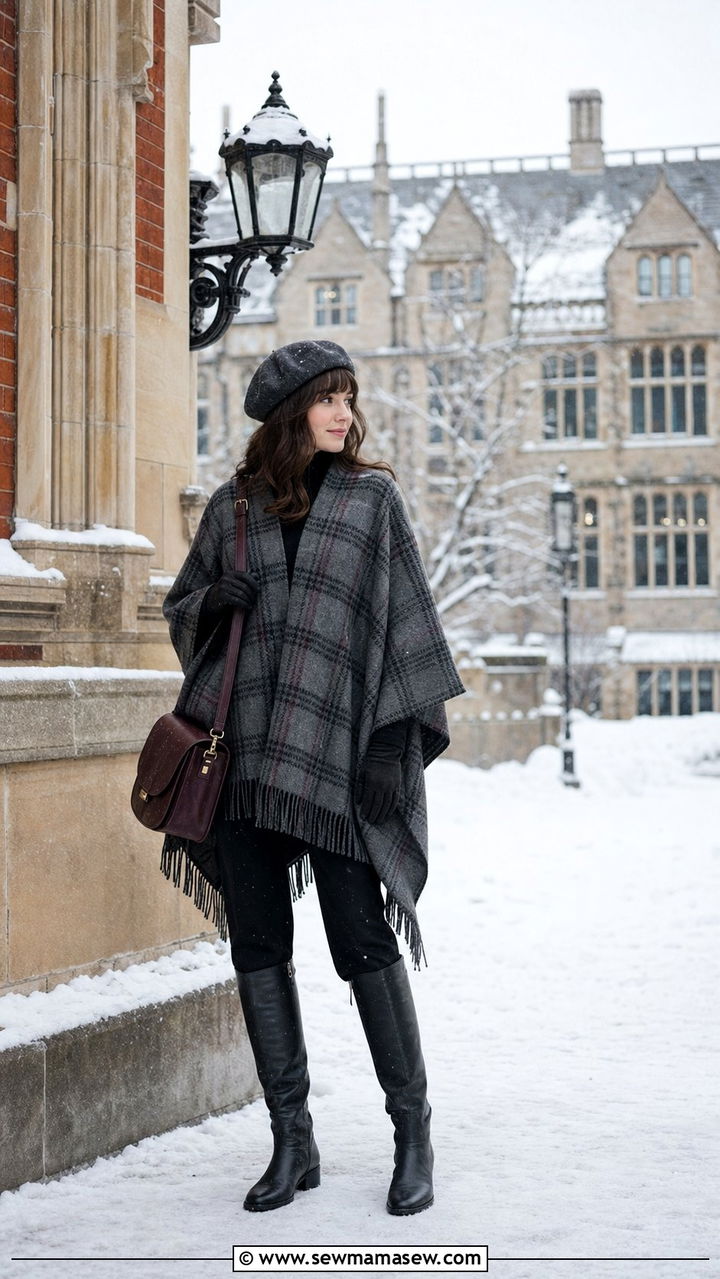 Plaid Poncho Over Black Layers With Riding Boots - 25 cute librarian core outfits