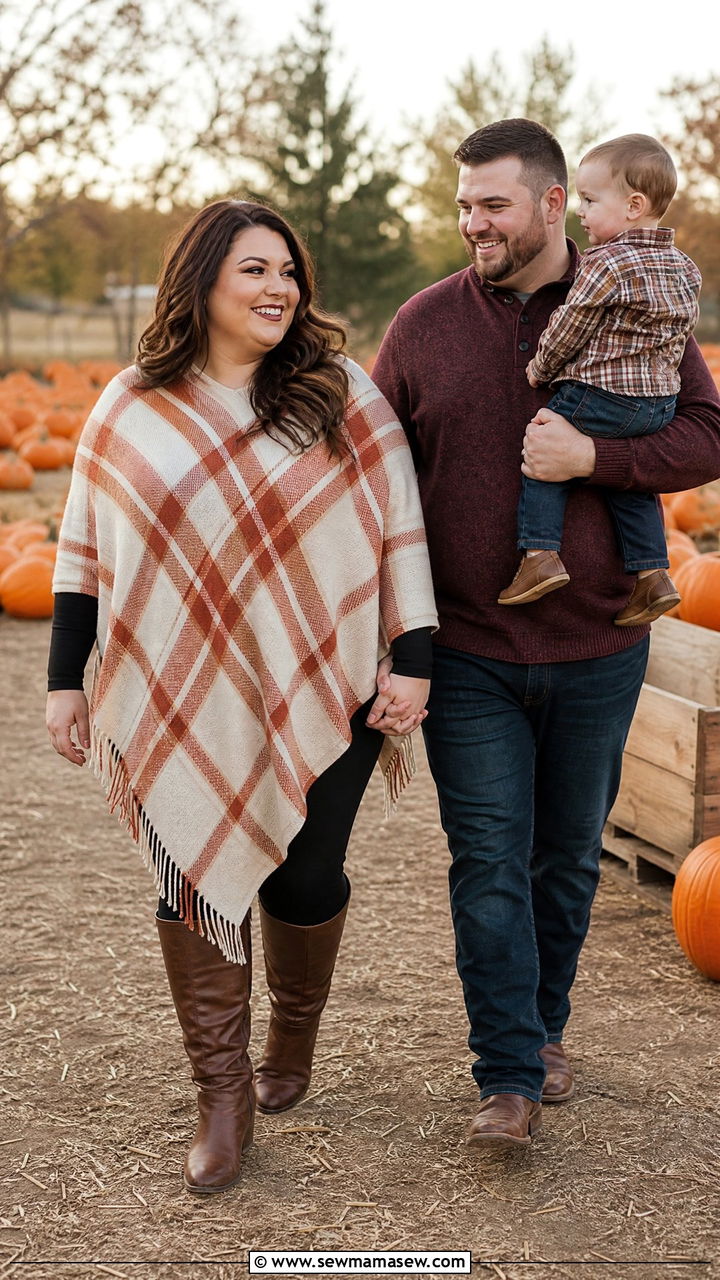 Plaid Poncho With Black Leggings And Knee High Boots - 30 Plus size outfit ideas for family photos