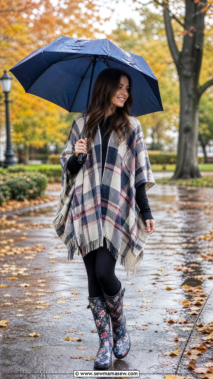 Plaid Poncho with Black Leggings and Floral Rain Boots - 25 rainy day outfits aesthetic