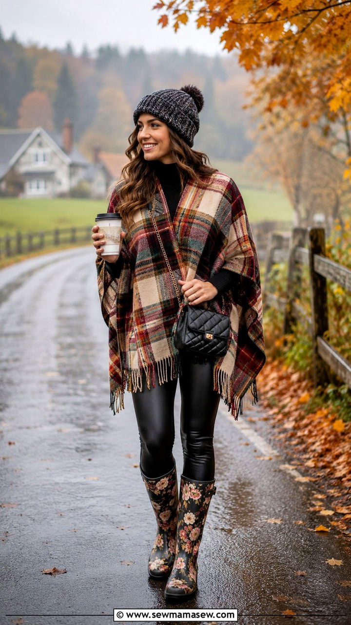 Plaid Poncho with Floral Rain Boots - 30 Rainy vacation outfit ideas