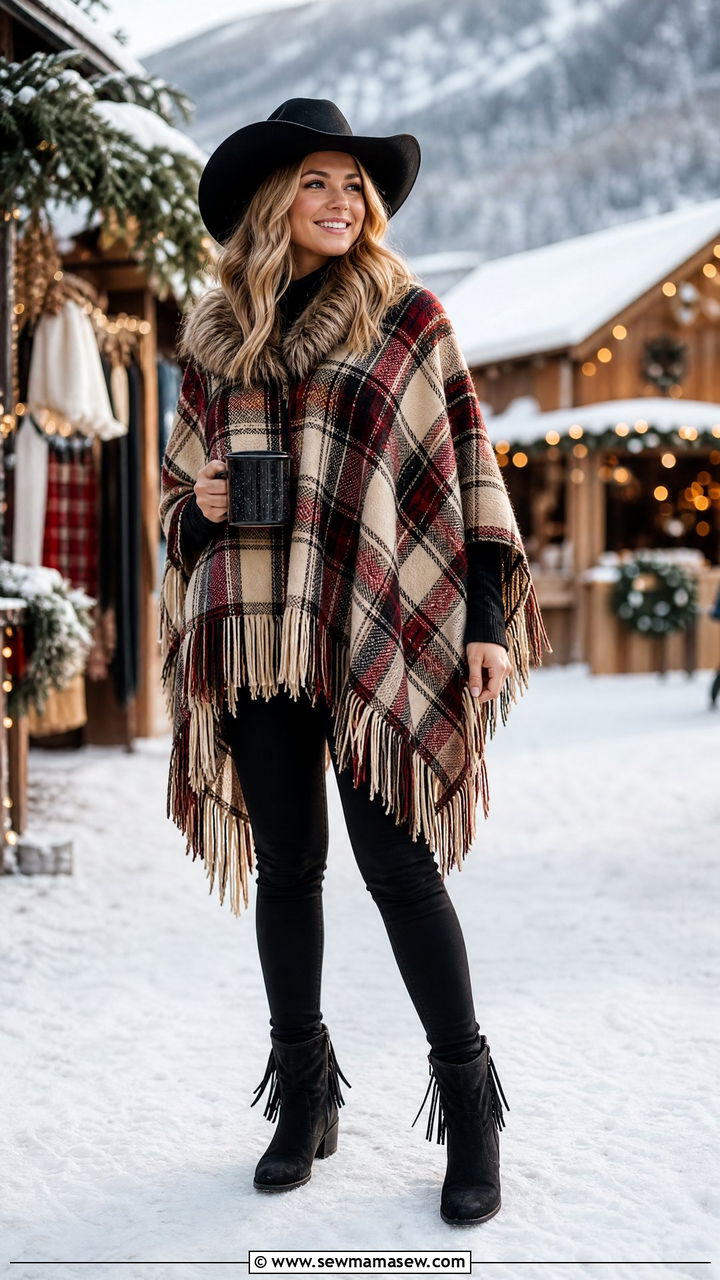 Plaid Poncho with Skinny Jeans and Fringed Ankle Boots - 30 Modern western outfit ideas
