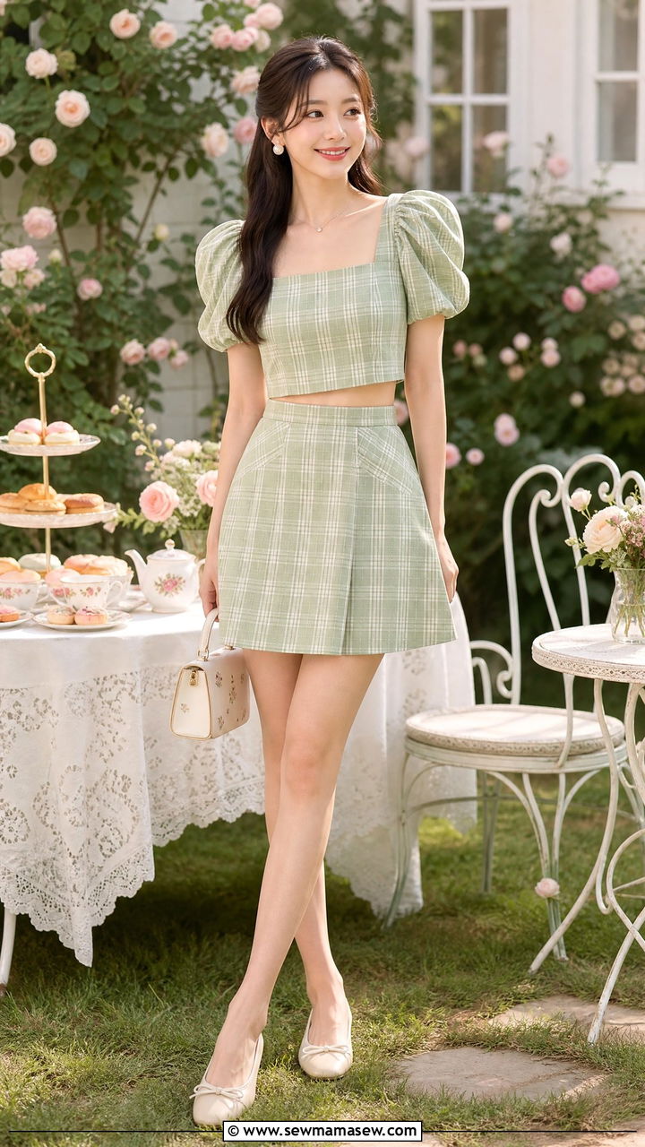 Plaid Puff Sleeve Top And Skirt Set - 25 Matching set outfit ideas plaid