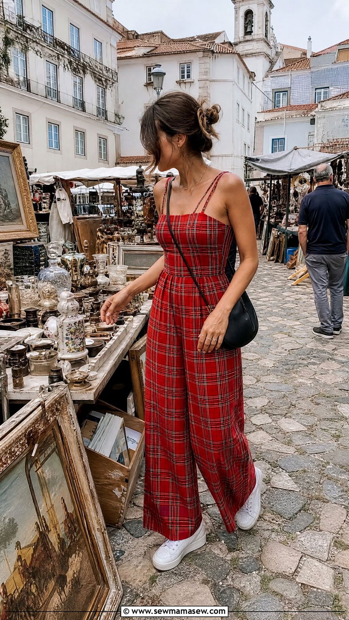 Plaid Red Jumpsuit with White Sneakers - 35 Lisbon vacation outfit ideas