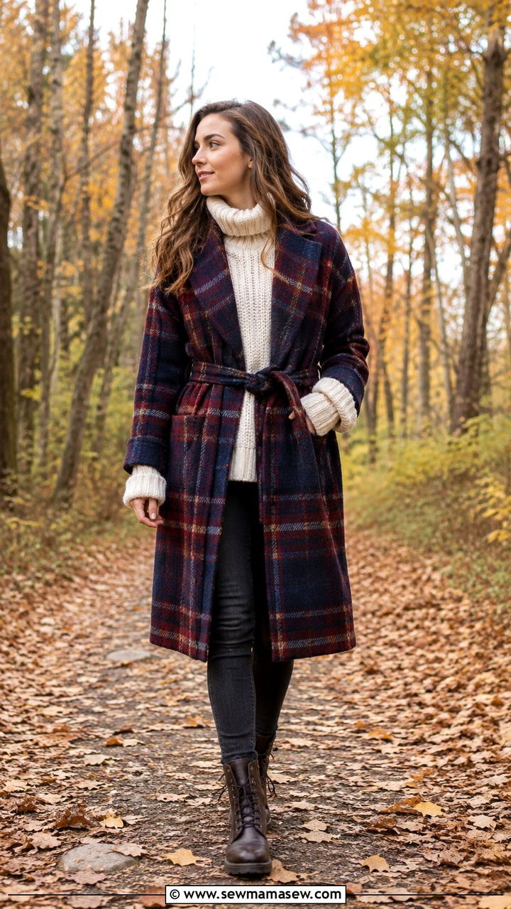 Plaid Robe Coat With Chunky Knit Sweater - 20 Robe outfit ideas 2026