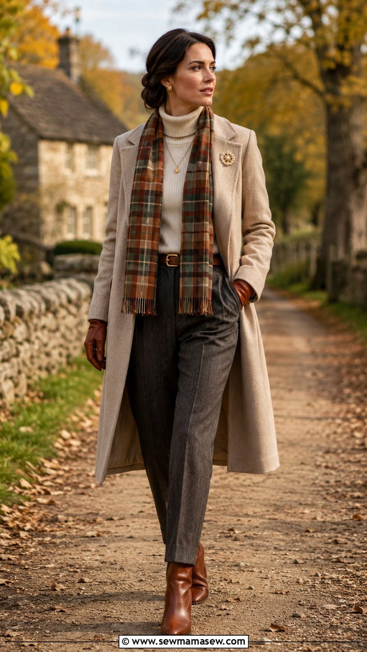 Plaid Scarf With Beige Wool Coat And Gold Brooch - 25 Old money outfit ideas with gold jewelry