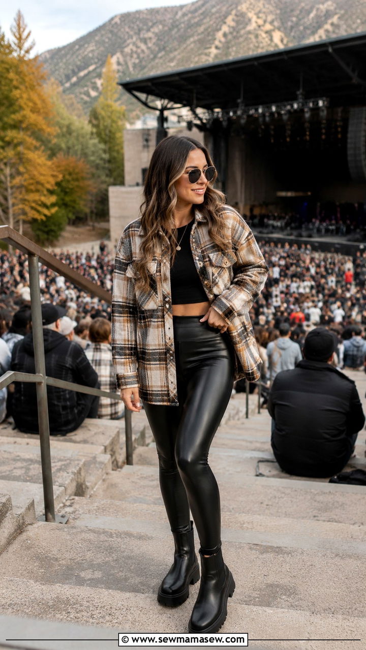 Plaid Shacket And Faux Leather Leggings Fall Concert Look - 25 seasonal concert outfit ideas