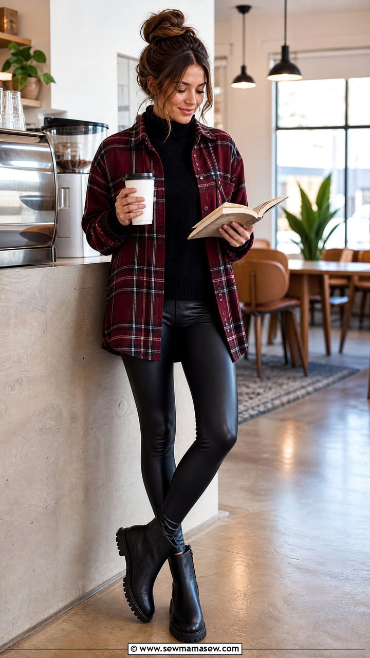 Plaid Shacket And Faux Leather Leggings - 30 Cozy reading outfit ideas